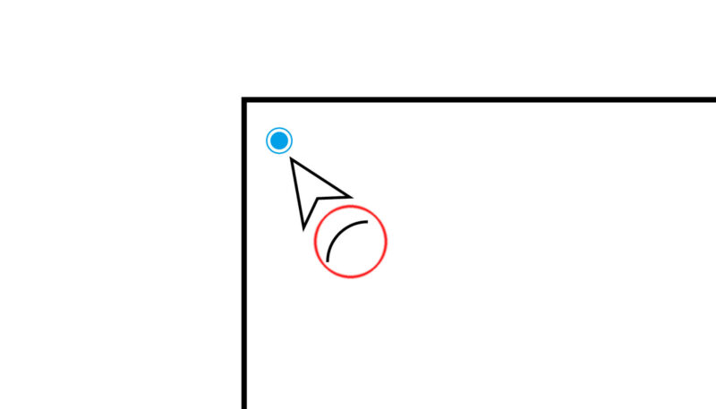 Adobe Illsutrator イラストレーターで四角形の角を丸くする方法。角にカーソルを近づけるとアイコンが出てくる