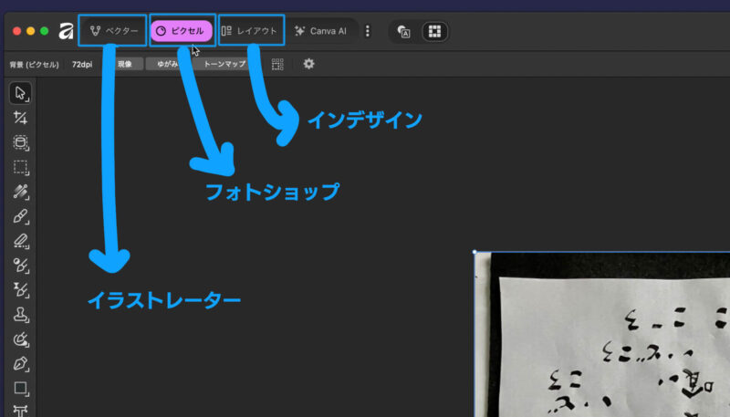 affinityはフォトショップ、イラストレーター、インデザインをひとまとめにした感じ