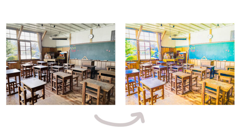 Adobe Photoshop（フォトショップ）の「Camera Raw フィルター」を使って、写真をアニメ風にする方法。ビフォーアフター。