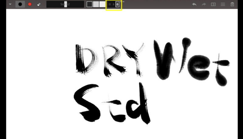 「Zen Brush 2」の筆の水分量の調整。にじみの強い筆のタッチも可能
